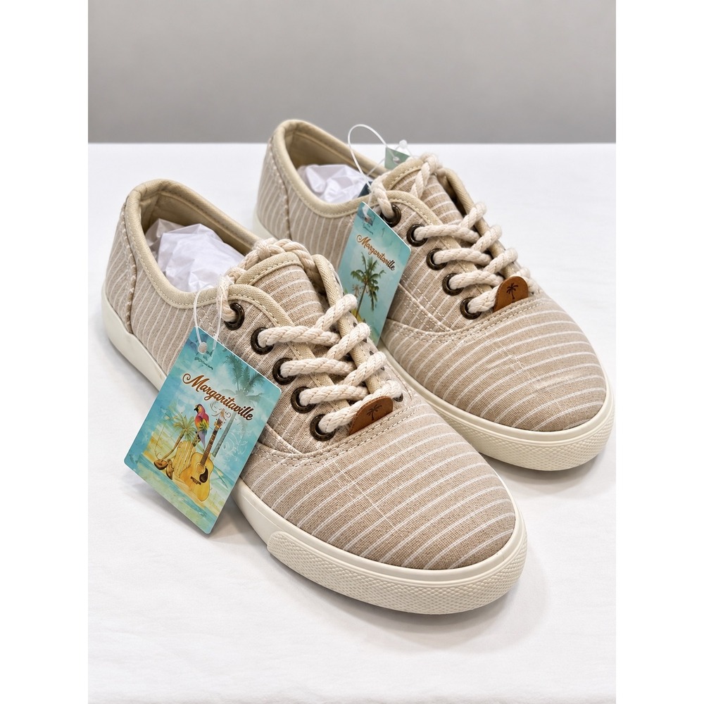 Margaritaville Women's Sneakers Striped Canvas Tan White Rope Laces 9.5 Coastal